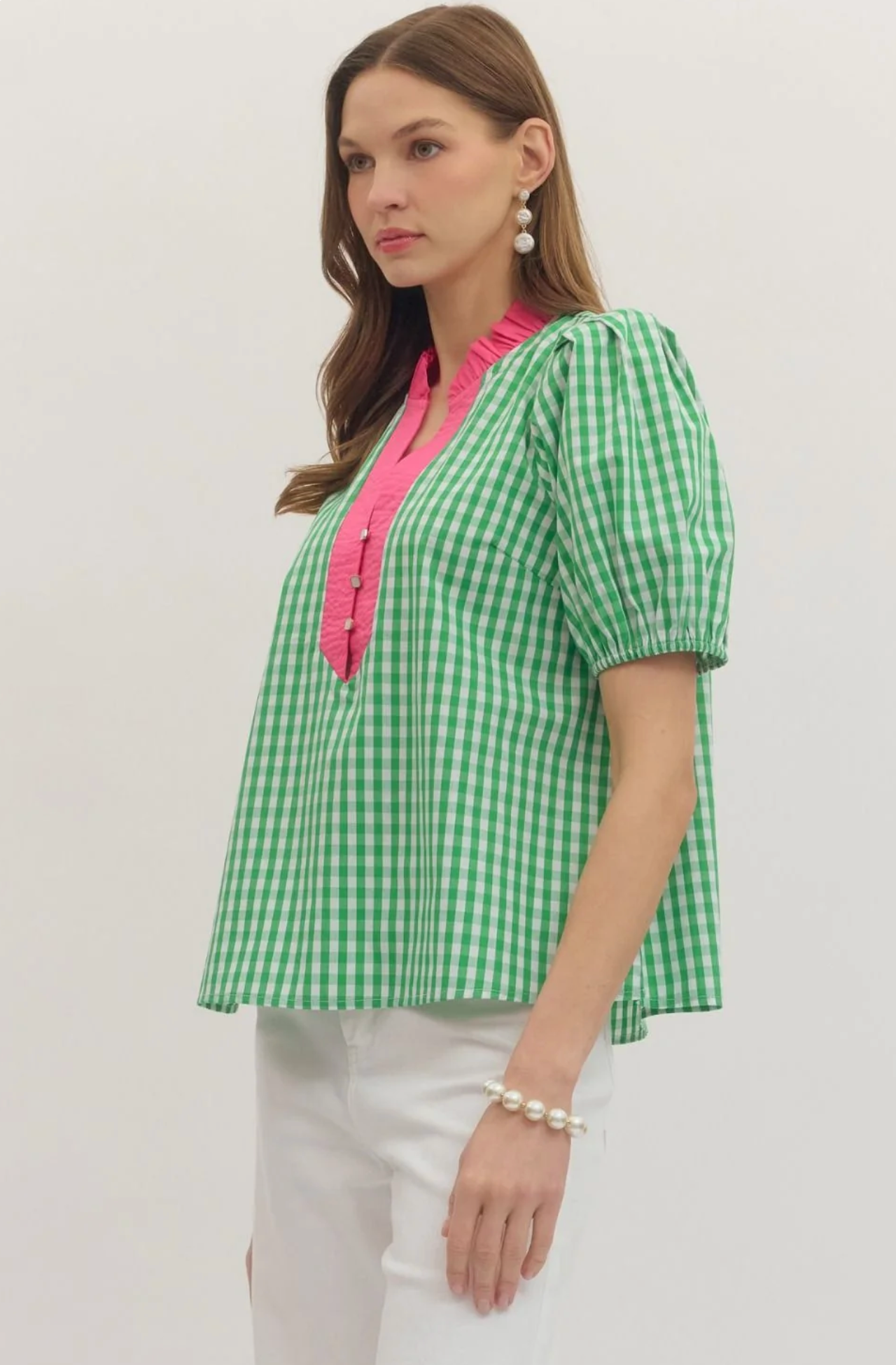 CURVY Green Checkered Lime Collar Top