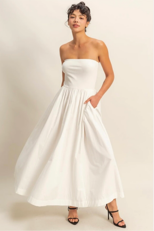 White Strapless Flowy Maxi Dress