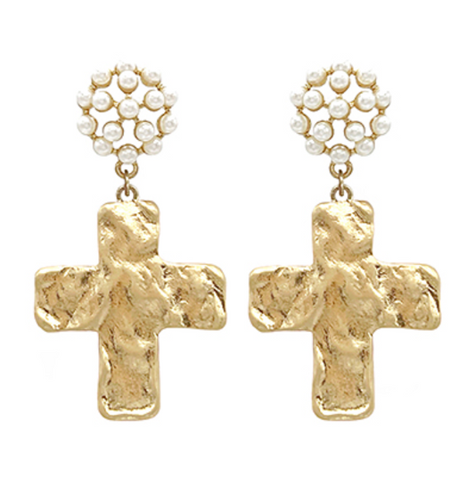 Pearl Worn Gold Cross Drop Earrings