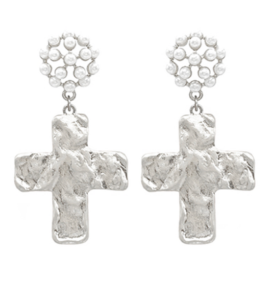Pearl Worn Silver Cross Drop Earrings