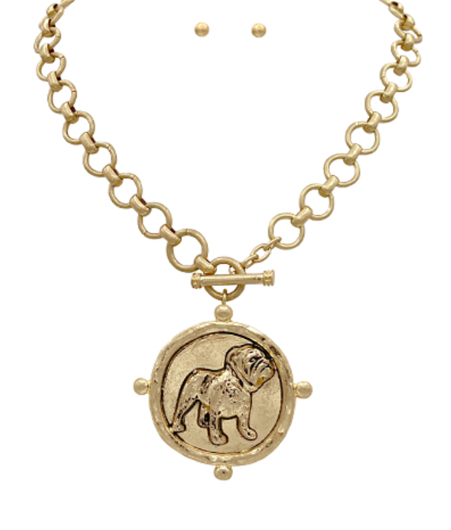 Chunky Beaded Bulldog Coin Necklace