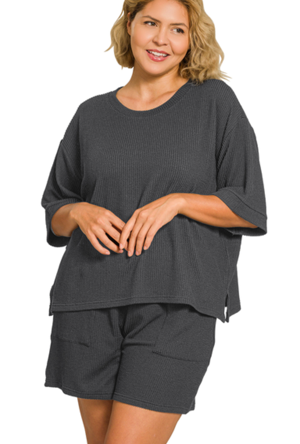 CURVY Ribbed Shorts Set - Black