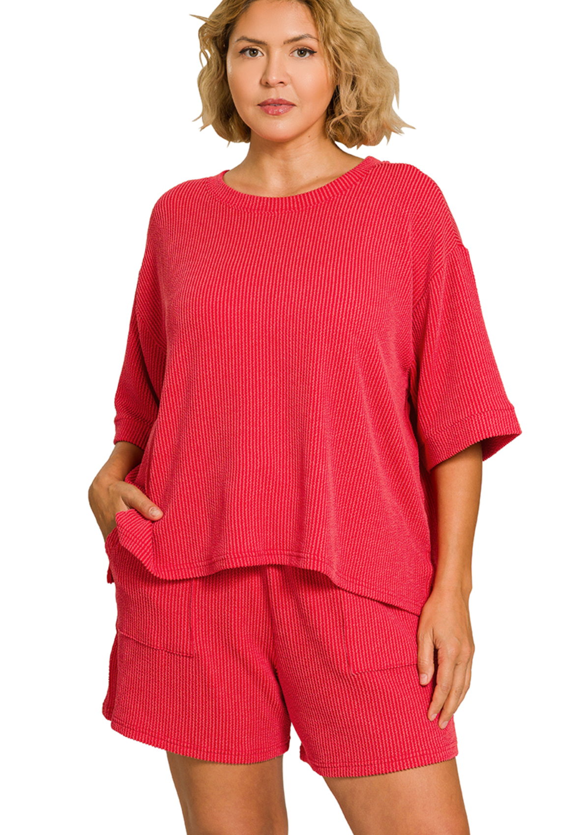 CURVY Ribbed Shorts Set - Red