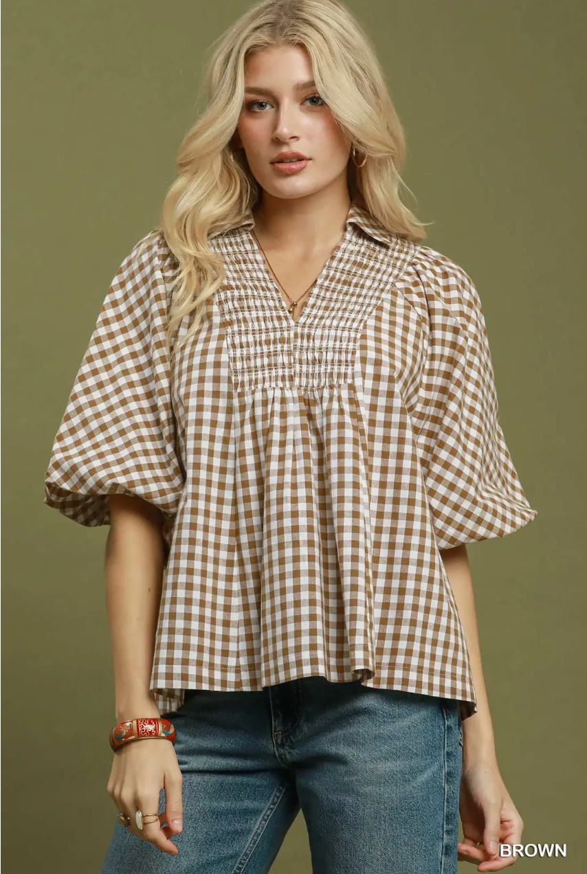 CURVY Smocked Gingham Puff Sleeve Top
