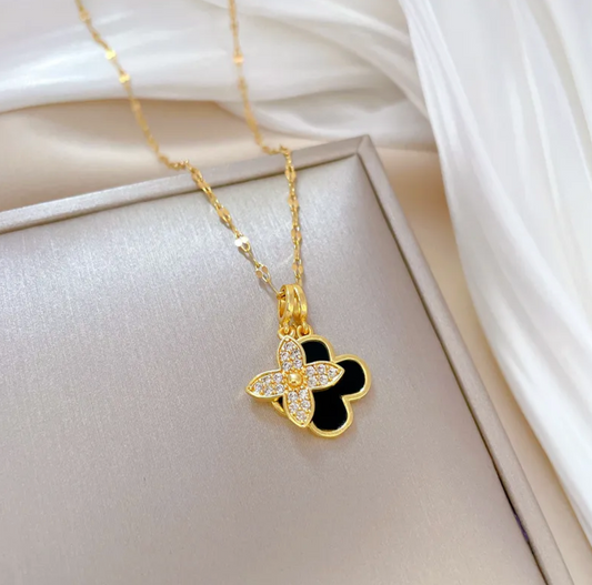 Gold Plated Twist Chain Flower Necklace - Black