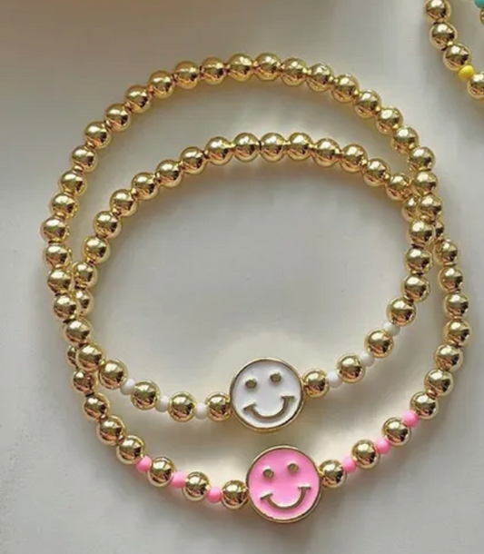 Gold Plated Beaded Smiley Bracelet - Pink