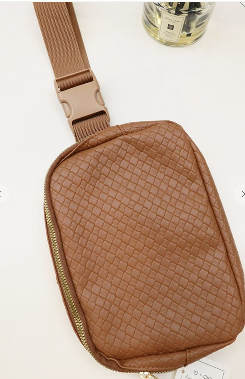 Leather Woven Belt Bag - Brown