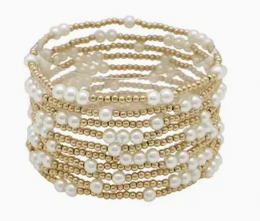 5pc Gold Beaded Pearl Bracelet Stack