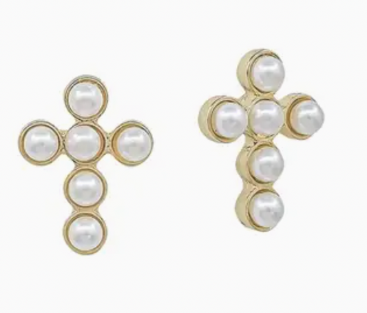 Pearl Cross Stud Earrings - Gold