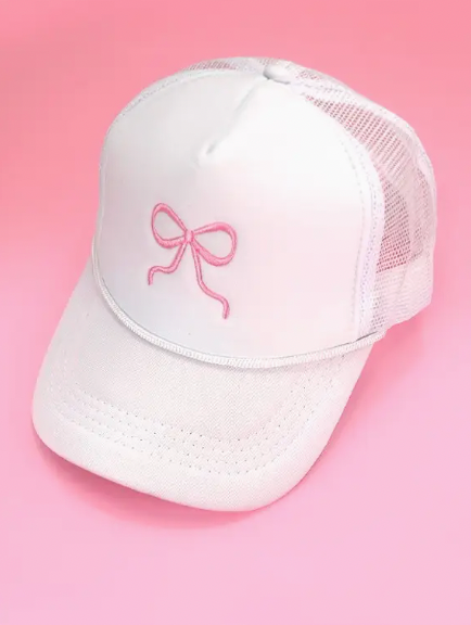 Embroidery Ribbon Bow Trucker Hat - White