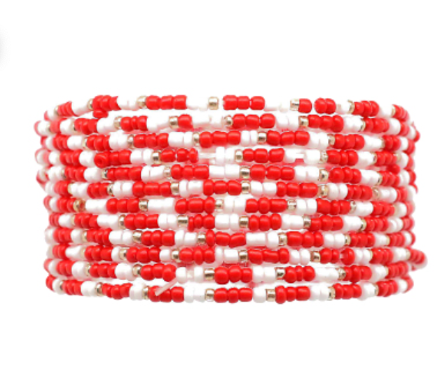 Red/White Seed Beaded Bracelet Stack