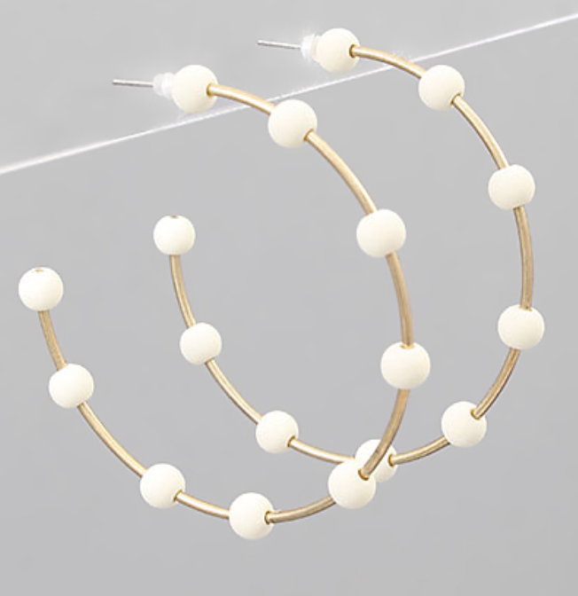 Color Ball Beaded Hoop Earrings - White