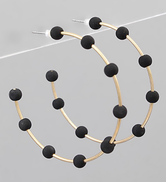 Color Ball Beaded Hoop Earrings - Black