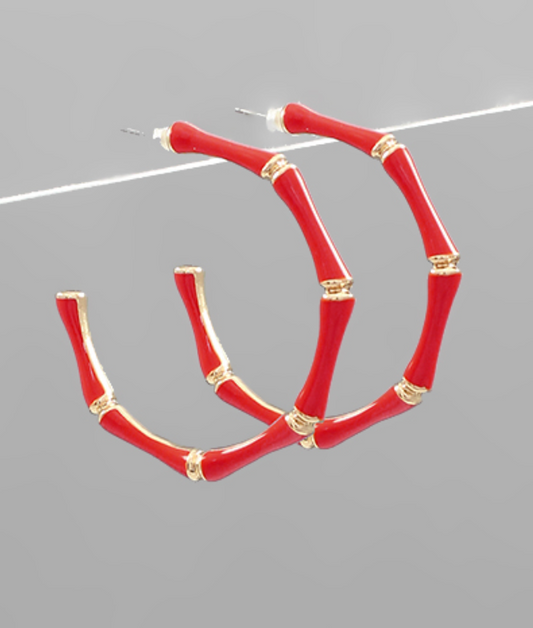 Caroline Bamboo Gold Hoop Earrings - Red