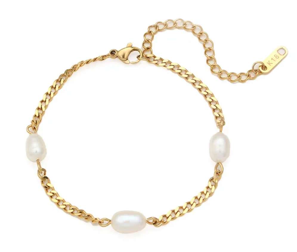 Gold Plated Pearl Mini Cuban Chain Bracelet