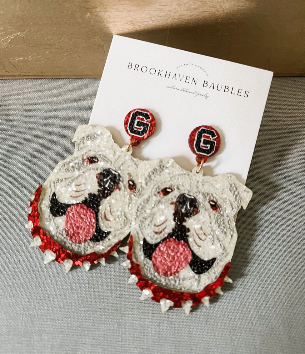 Georgia Bulldog Glitter Earrings - White Cutout