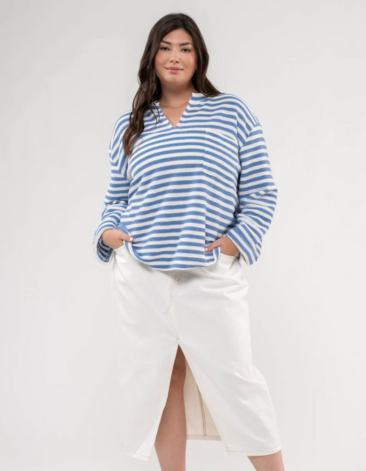 CURVY Wren Striped Notch Neck Top - Blue