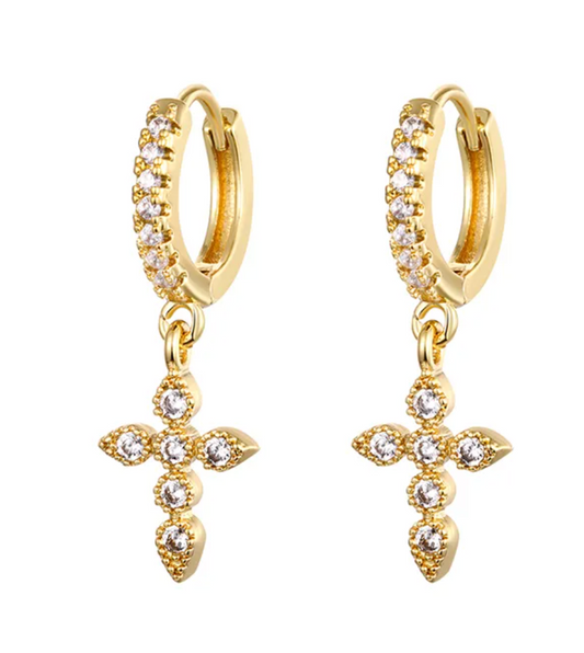 18k Gold Plated Cross Dangle Huggie Hoops