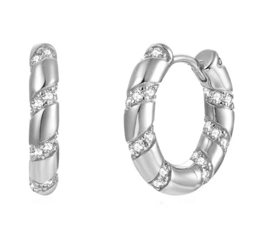 18k Gold Plated Twisted Diamond Huggie Hoops - Silver