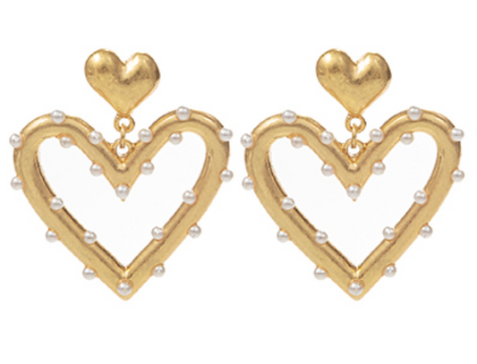 Gold Pearl Heart Drop Earrings