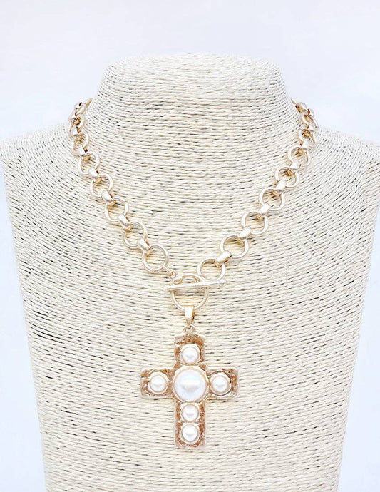 Gold Chain Pearl Cross Necklace