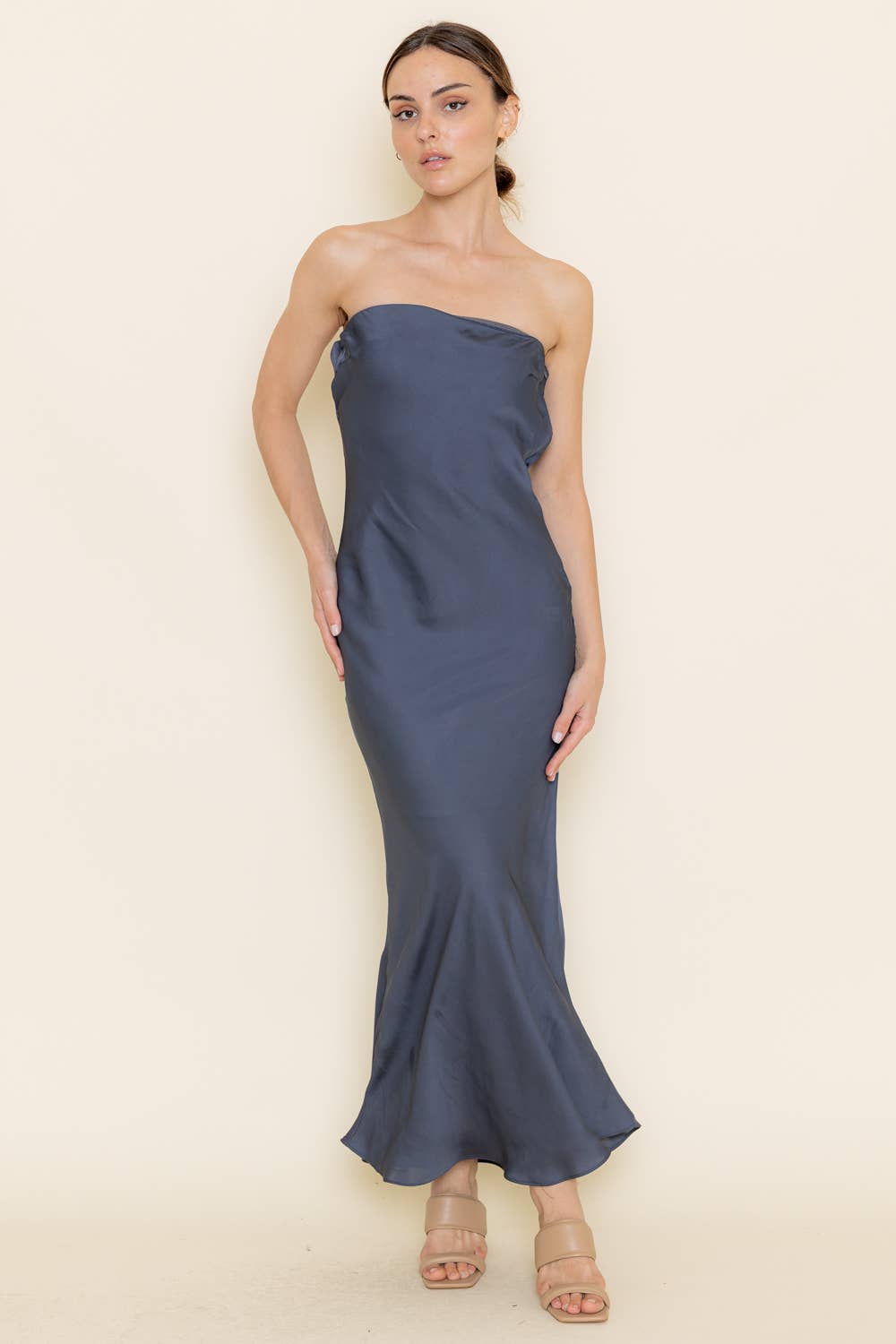 Strapless Cowl Back Midi Dress