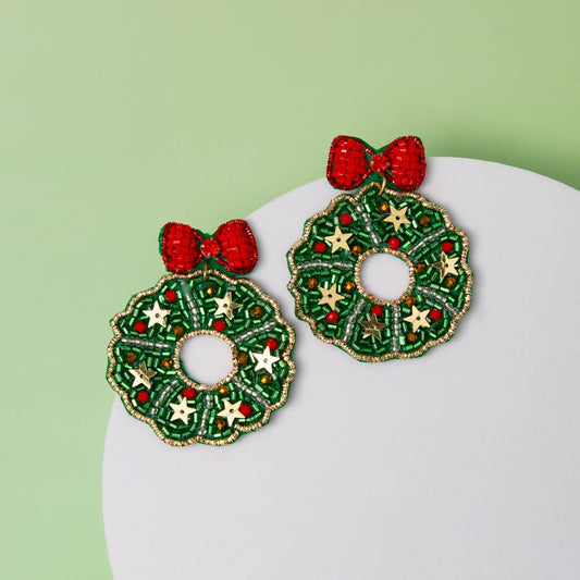 Holiday Christmas Wreath Seed Beaded Earrings