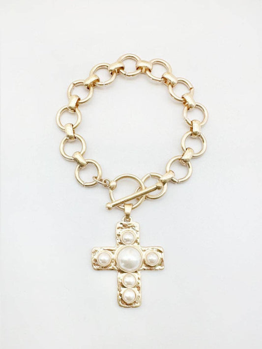 Gold Stretch Chain Hammered Cross Bracelet
