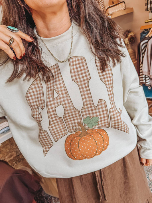 Brown Gingham Fall Pumpkin Crewneck