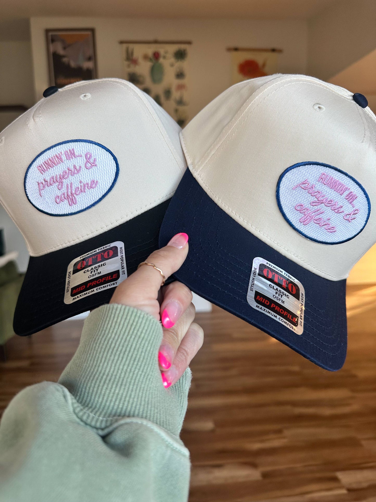 Pink Runnin' On Prayers & Caffeine Patch Trucker Hat