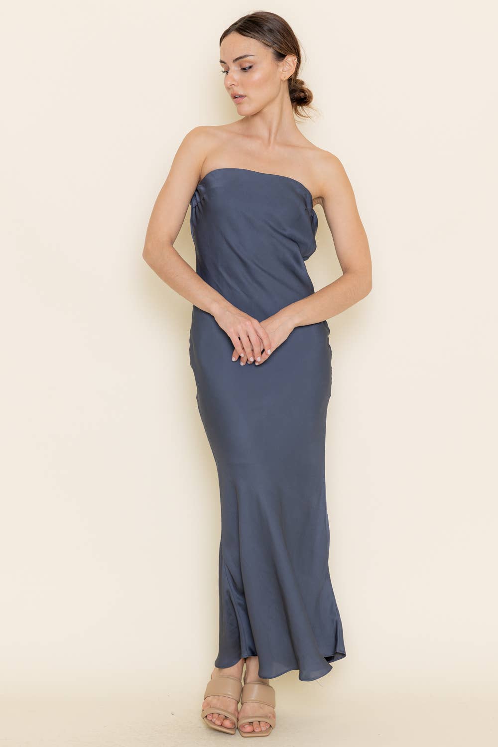 Strapless Cowl Back Midi Dress