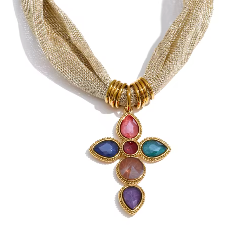 Cross Charm Mesh Statement Necklace | Multi