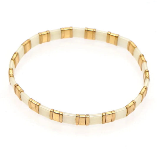 Gold & White Woven Beaded Bracelet