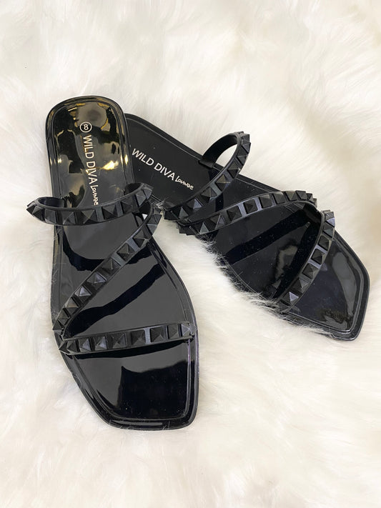 Black Jaycee Studded Z Strap Flat Beach Sandals