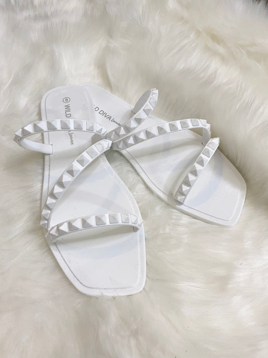 White Jaycee Studded Z Strap Flat Beach Sandals